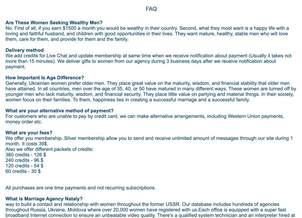 Marriage Agency Nataly FAQ